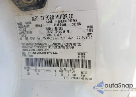 2008 Ford F-250 Xl из США, поврежденный, VIN 1FTNF20578ED77144